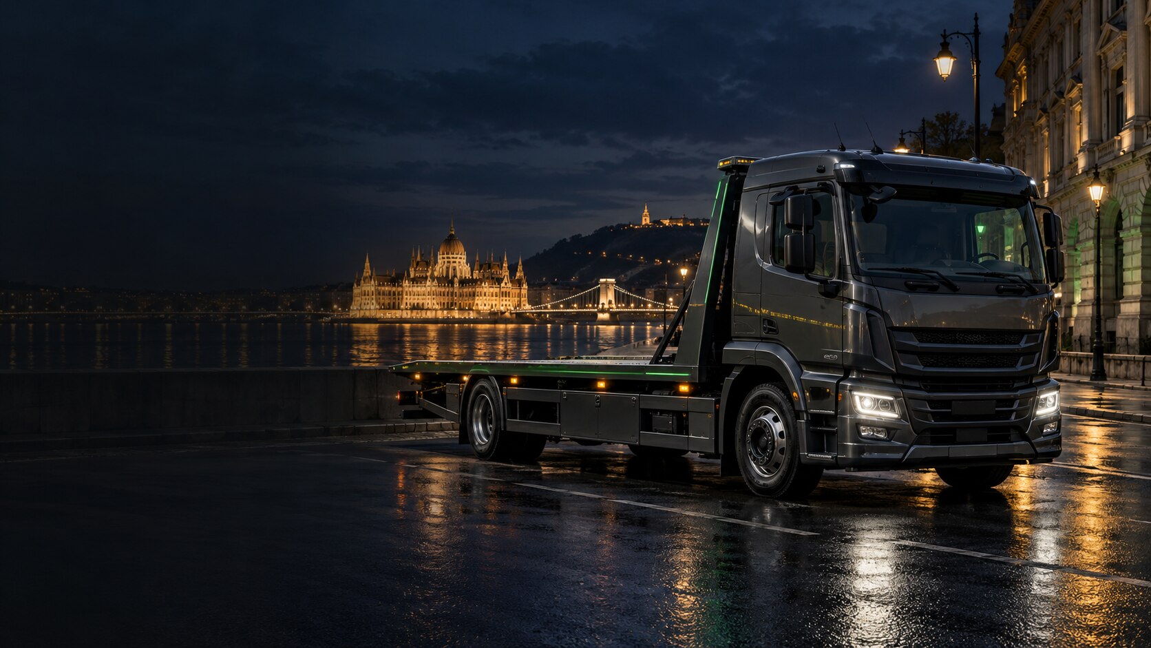 Autómentő Budapest esti fényeiben